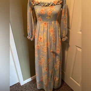 Aakaa Blue and Peach Floral Long Sleeve Dress
